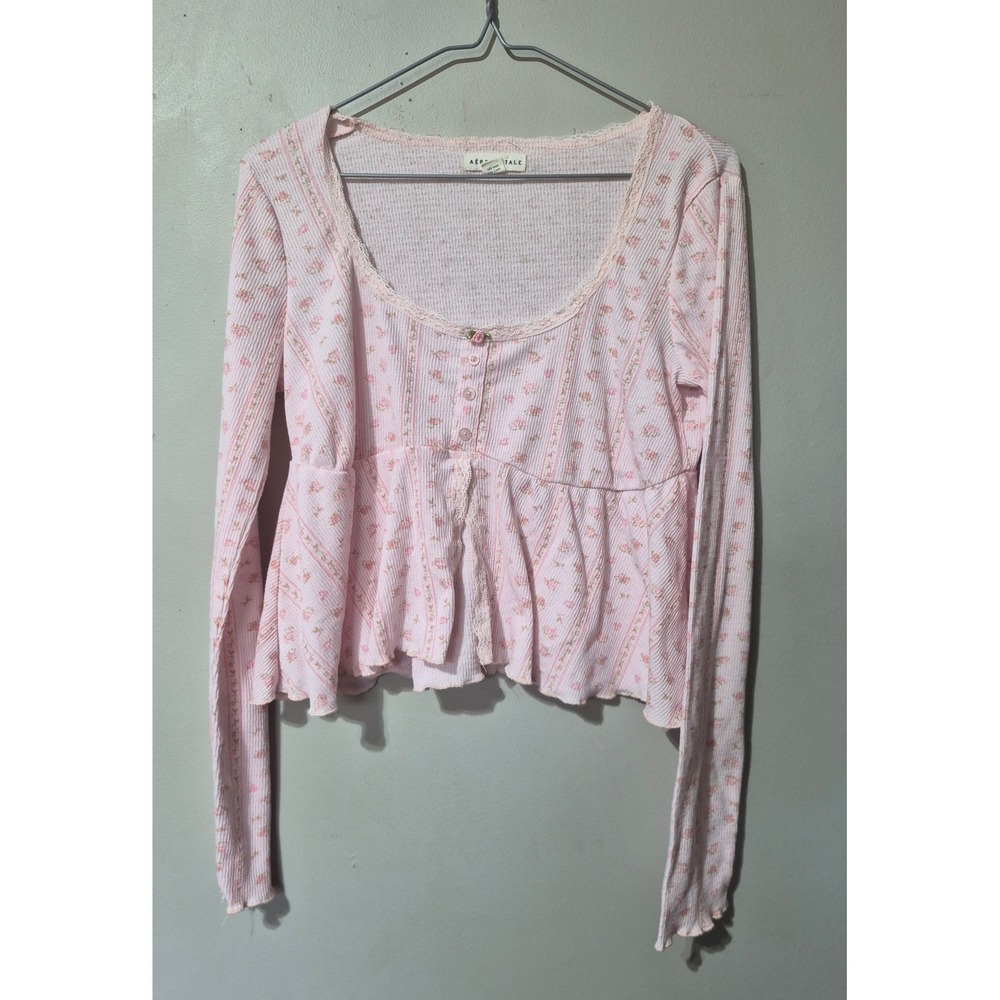 Aeropostale Pink Floral Pointelle Peplum Top Long Sleeve Lace Trim Coquette L
